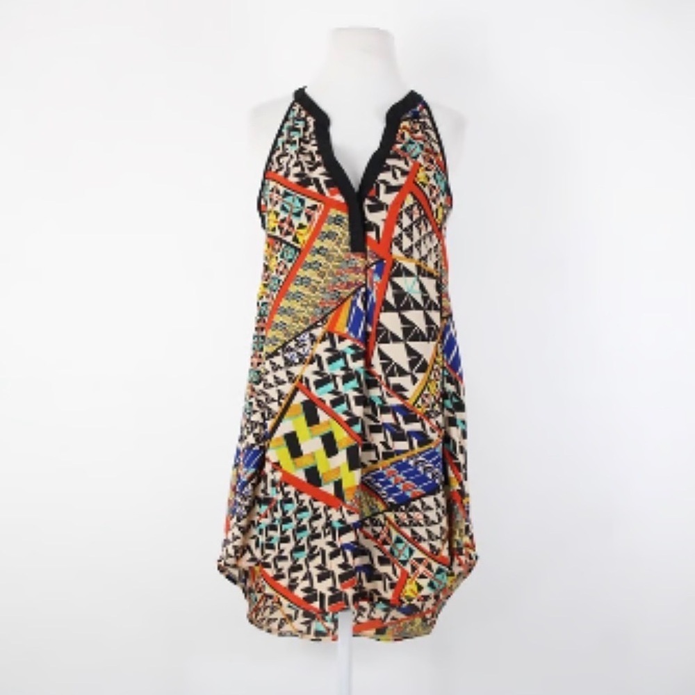 ASTR Multicolor Geometric Print Mini Dress Halter Neck High Low Hem sz M